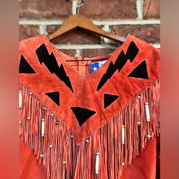 Vintage Custom Made burnt orange & black suede top with fringe beads and boning - Picture 2 of 16